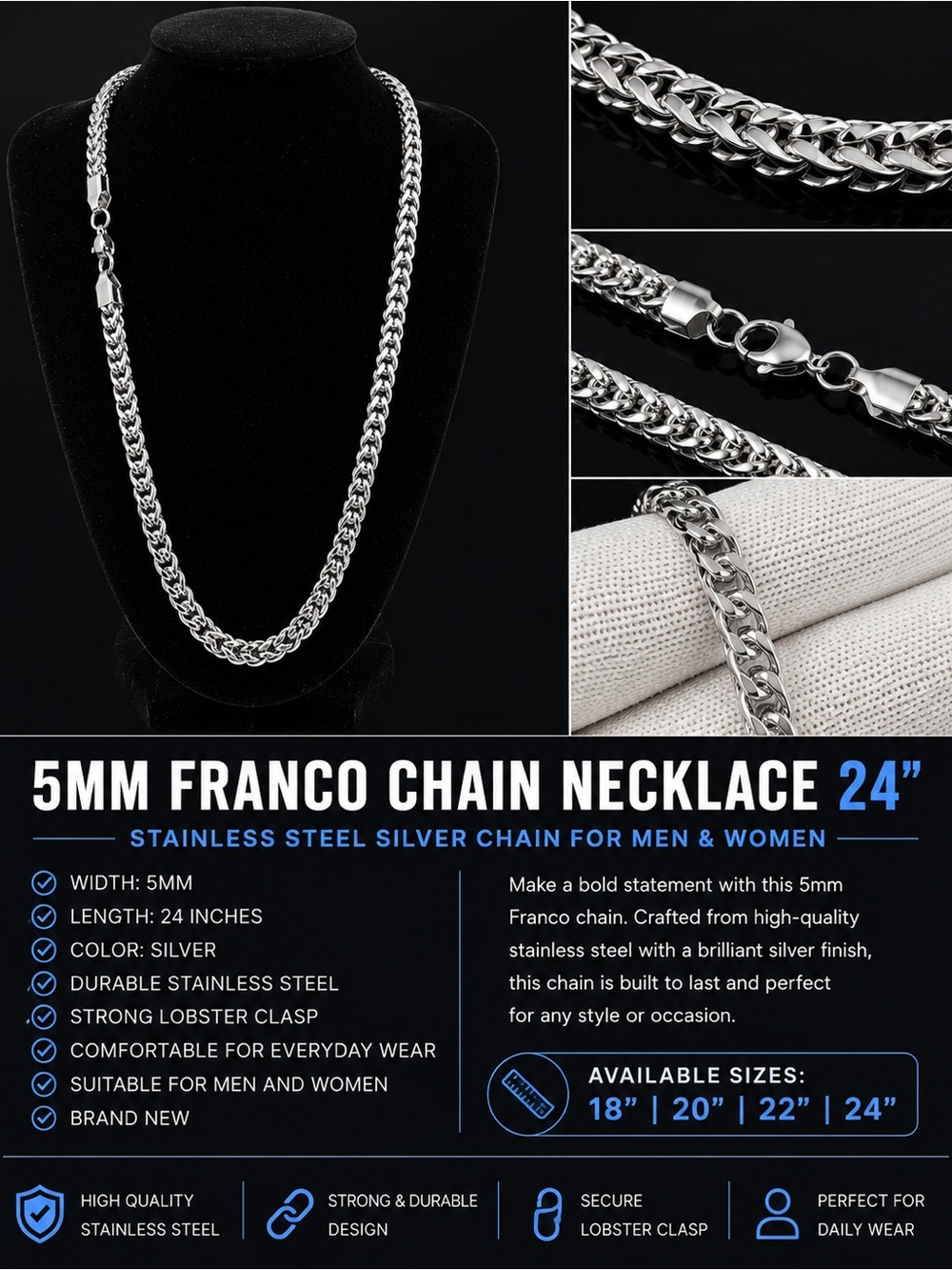 5mm Silver Franco Chain Necklace - Unbranded